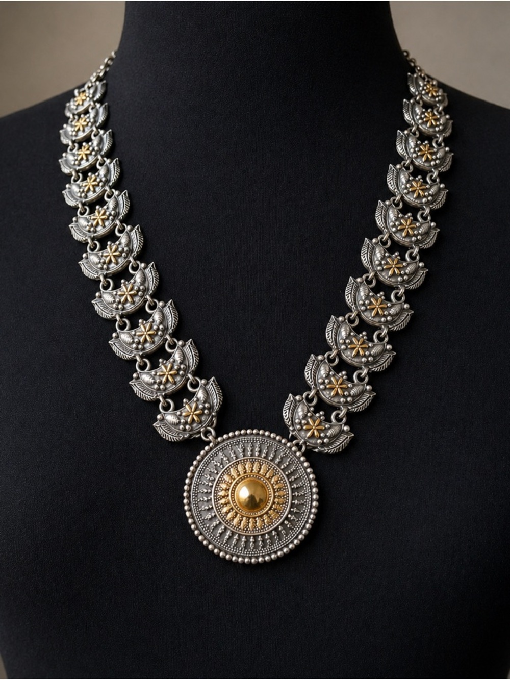 Two-Tone Vintage Medallion Statement Necklace - Silver and Gold